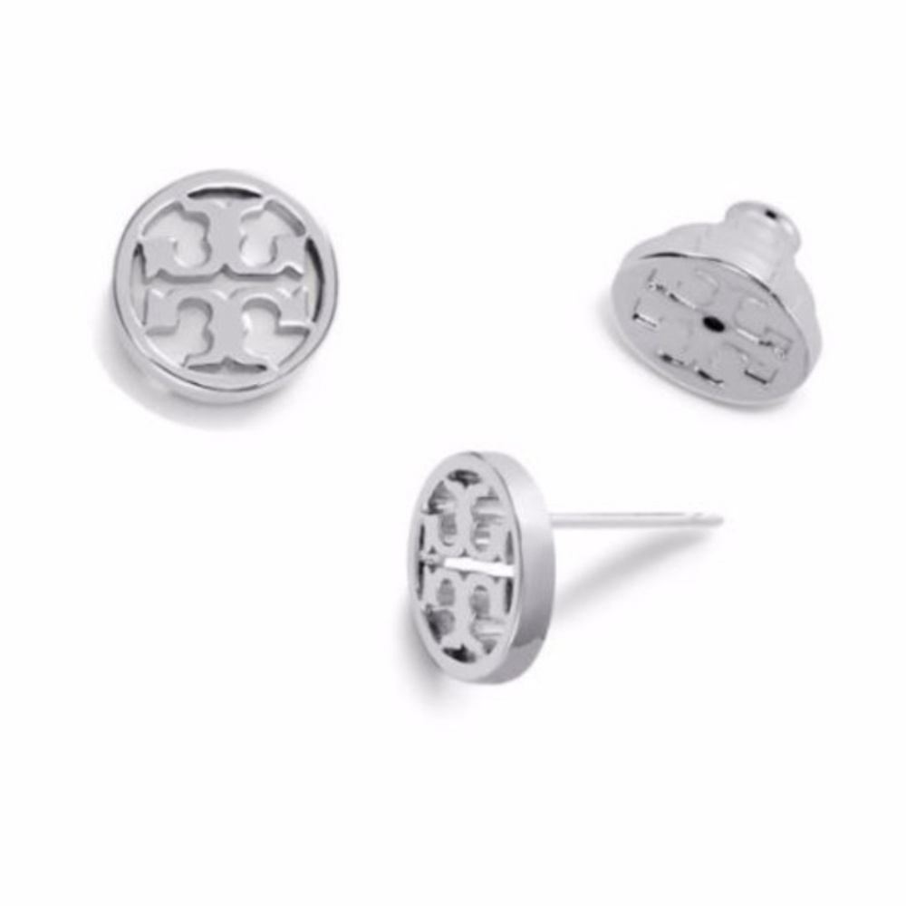 New Tory Burch Classic SILVER Logo Stud Earring